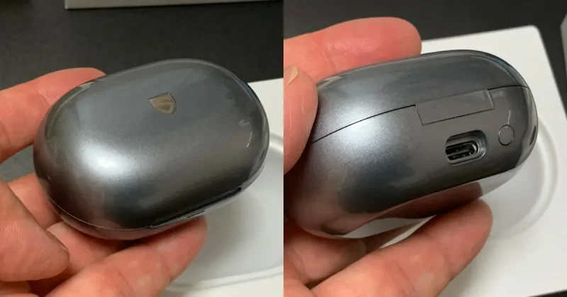 SOUNDPEATS Clip1 の収納ケース。メタリックな光沢と軽量なデザインが特徴