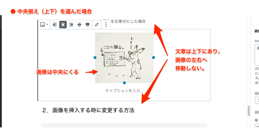 挿入した画像を中央揃えにした場合。文章は左右に移動せず、上下にあるままです。