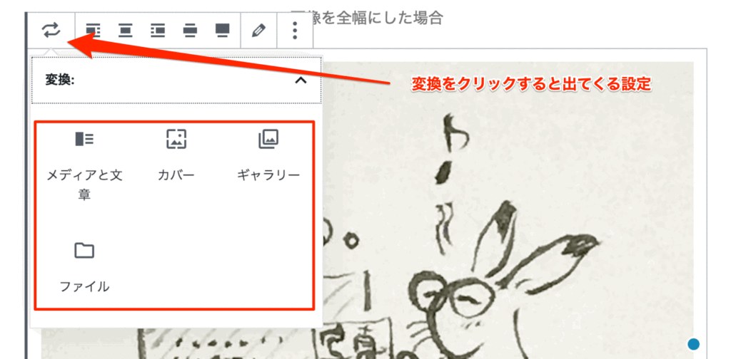 画像の魅せ方を変える方法。変換をクリックすると変更することができます。