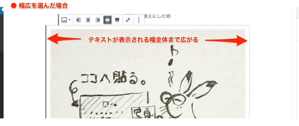 挿入した画像を幅広にした場合。テキストが表示される幅全体に画像が広がります。